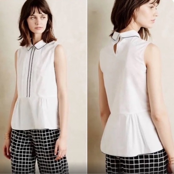 ANTHROPOLOGIE x HD in Paris Bennett Pleated Peplum Slvls Top Piped in Navy — M - Picture 1 of 4